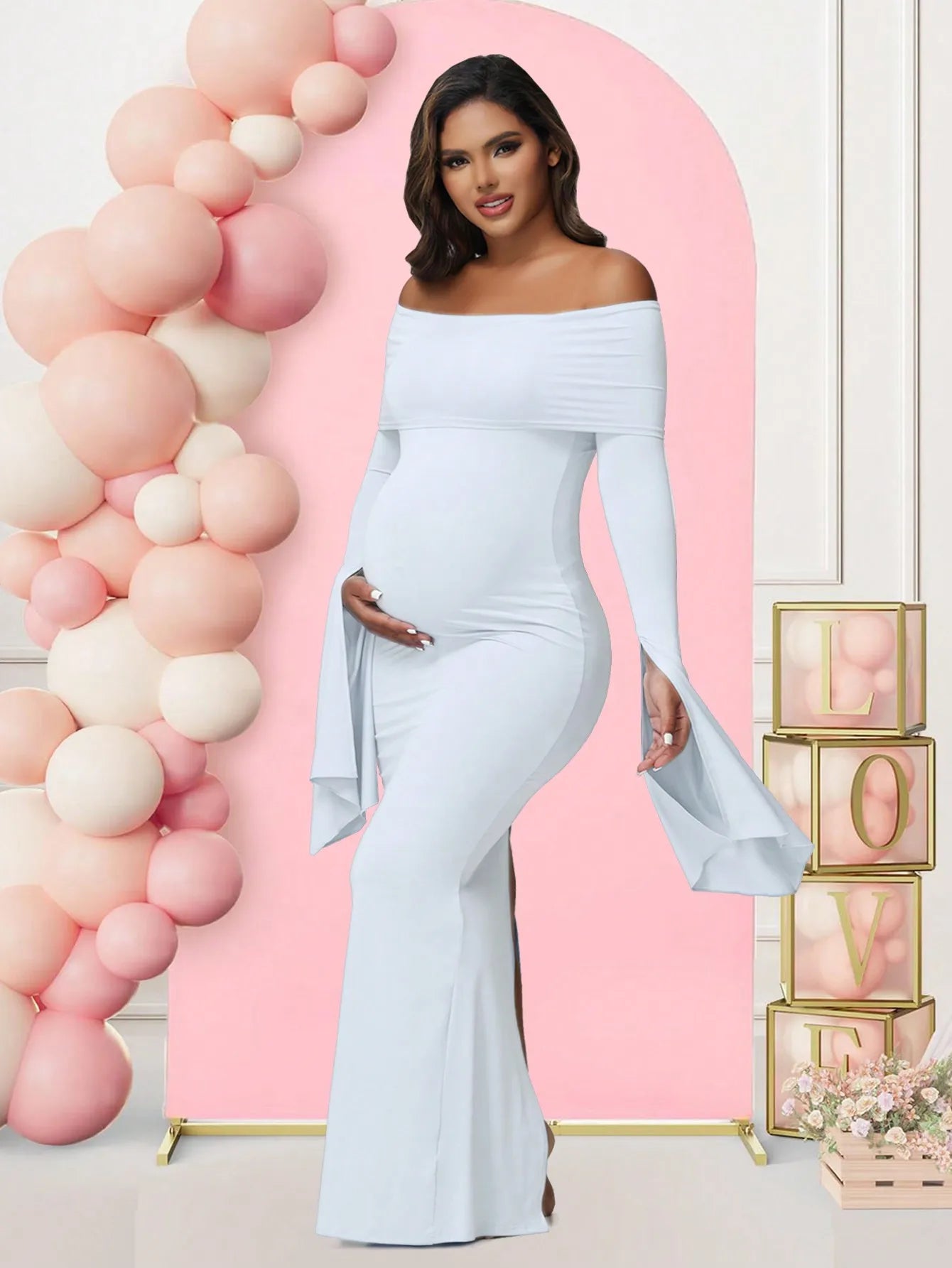 Women Maternity Dresses For Photoshoot Sexy Off Shoulder Long Sleeve Bodycon Pregnancy Baby Shower Maxi Gown