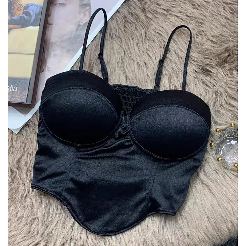 2024 Women Sexy Crop Top Solid Pleated Satin Tanks Top With Bra Pad Beach Camis Spaghetti Backless Casual Top Spring Summer