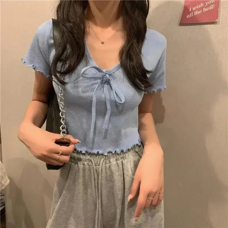 Tops Woman Short Sleeve T Shirt for Women V Neck New in Knitwears Plain Sexy Crop Korean Fashion Reviews Clothes Many Polyester