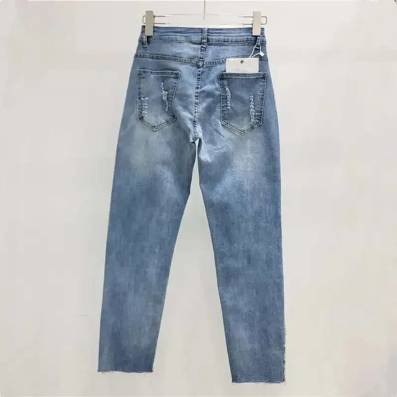 Women's Jeans High Waist Slim Hollow Out Lace Flowers Sequins Stretch Denim Pencil Pants 2025 Summer New Fashion