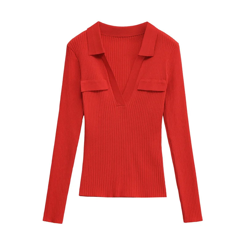 Women's Tops New Fall 2025 Solid Color Long Sleeve Lapel Slim Knit Top Sexy V-Neck Design Casual Fashion Personality Versatile