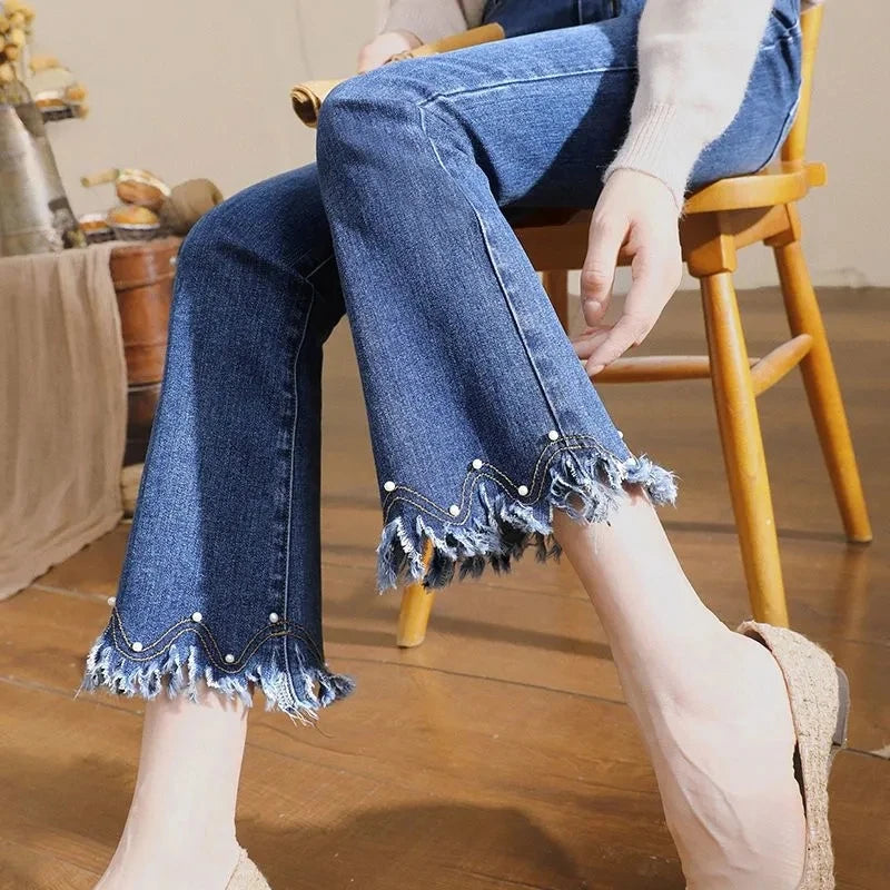 Denim Pants For Women Spring And Autumn Elastic Show Nine Points Trousers High Waist Korea Fashion Flared Jeans Female Casual