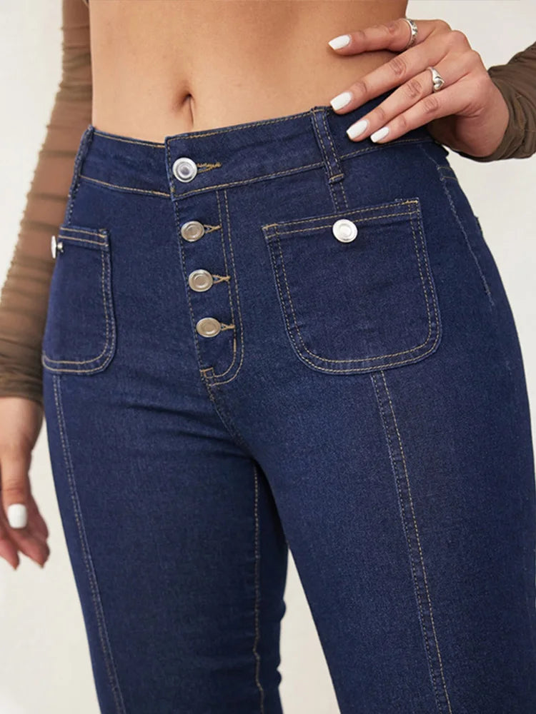 Elegant Single Breasted Women's Denim Flare Pants Retro High Waist High Package Slim Commute Jeans 2025 New Chic Ladies Trousers