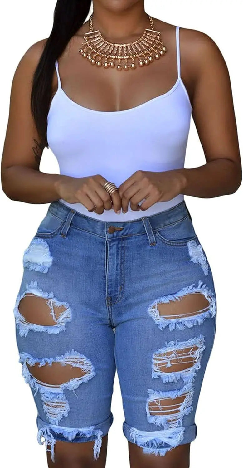 Retro Ripped Jeans Sexy Women Mid Rise Pants Hip Hugging Tight Bermuda Shorts Y2k Hip Hop Trousers Street Fashion Pant