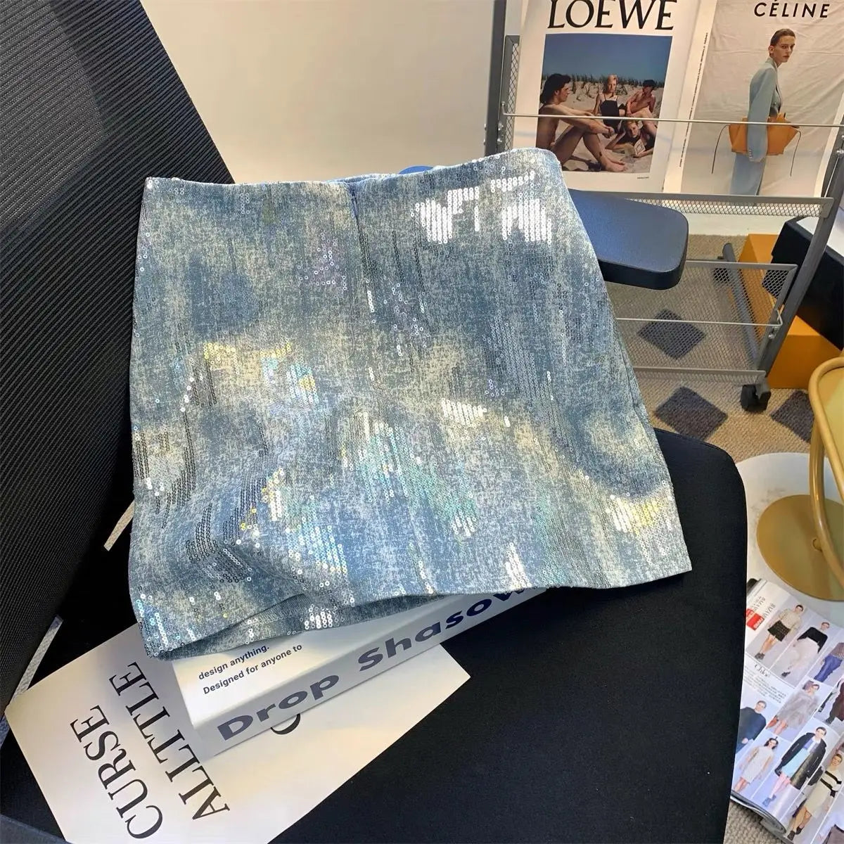 Blue Sequin Denim Skirt Jupe Femme Short Skirts for Women Korean Fashion Faldas Mujer Moda Spring Summer Y2k 2025 Casual High