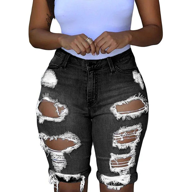 Retro Ripped Jeans Sexy Women Mid Rise Pants Hip Hugging Tight Bermuda Shorts Y2k Hip Hop Trousers Street Fashion Pant