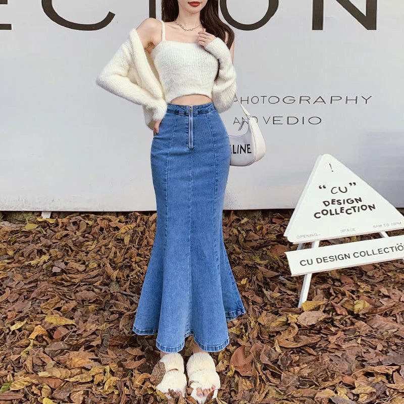 Long Denim Skirt for Women High Waist Autumn Blue Slim Jean Fishtail Skirt Korean Fashion Skinny Solid Elastic Slit Skirt Women