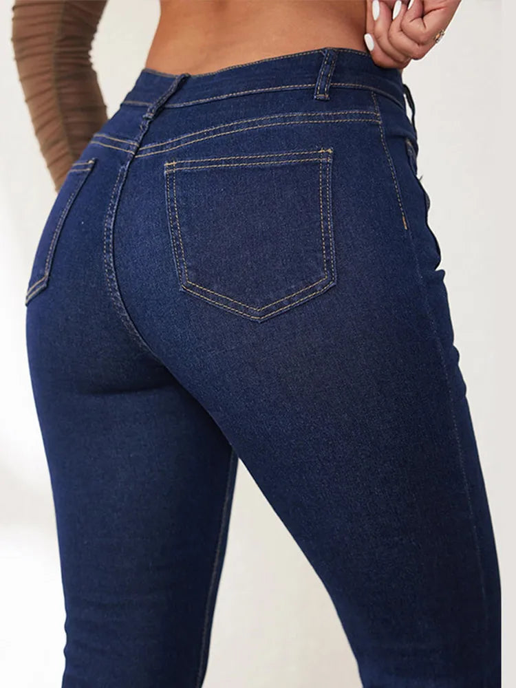 Elegant Single Breasted Women's Denim Flare Pants Retro High Waist High Package Slim Commute Jeans 2025 New Chic Ladies Trousers