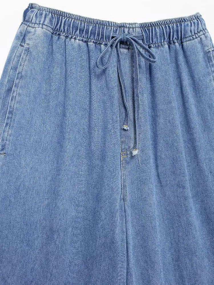 2024 Autumn Denim Pant For Women Loose High Waist Jeans Female Fashion Drawstring Elastic Waist Wide Leg Pants