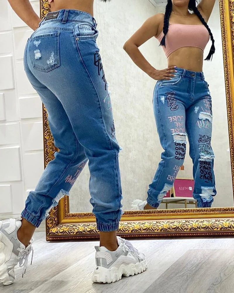 Jeans Women Fashion Stylish Monogrammed Slashed Marabou Chino Jeans Casual Length Trousers Plus Size Pants For Female 2025
