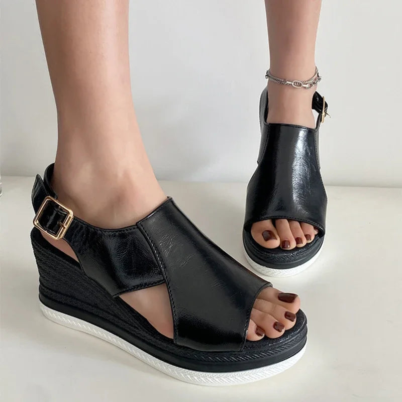 Women Shoes Fashion Peep Toe Women Wedge Sandals Summer High-heeled Fish Mouth Shoes Soft Leather Height-increasing Beach Shoes