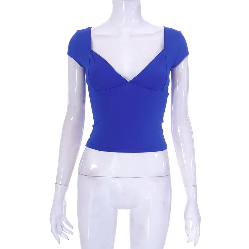 2000s Tops for Women Fairy Grunge Clothes Sweet Solid Color V Neck Short Sleeve Tanks Aesthetic T Shirt Streetwear