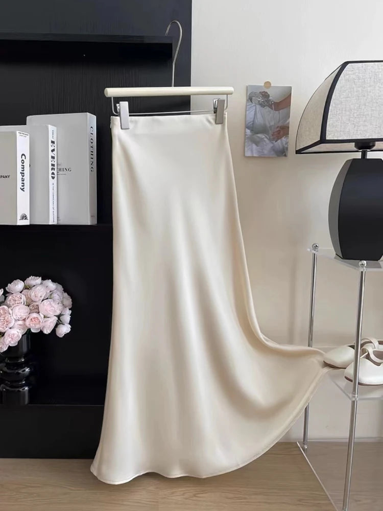 Long Skirts for Women High-waisted Thin Satin Acetate Silky Fishtail Skirt Korean Fashion Clothing Elegant Women's A-line Skirt