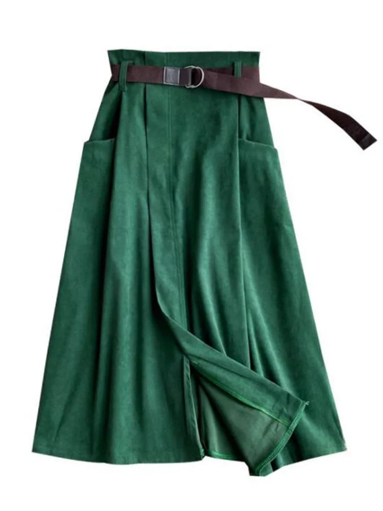 Women Casual Skirts Spring And Autumn Solid High Waist Irregular Pockets Midi Skirts Fashion Simple Elegant Saia Faldas