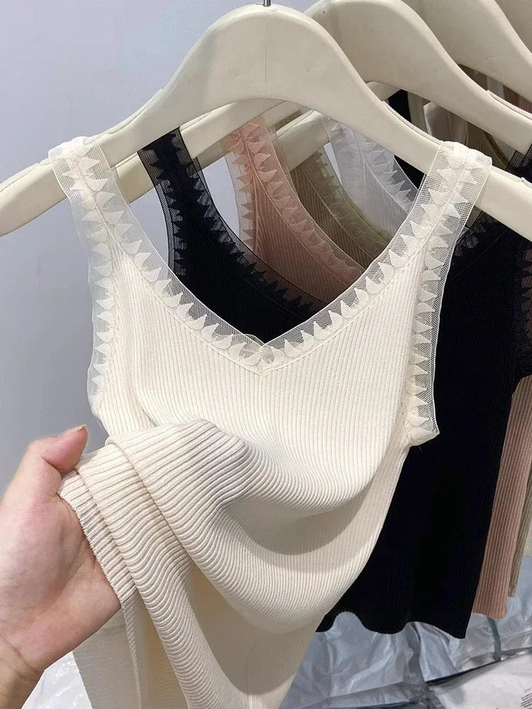 Women Summer Fashion Thin Knitted Undershirt Sleeveless Corset Top Half High Neck Comfortable Breathable Lace Tank Top 2025