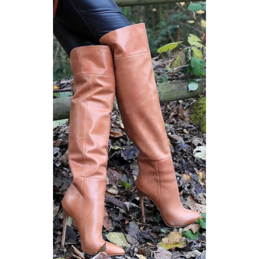 2025 New Women's Shoes Fashion Brown Over-the-knee Hollow Boots Pointed Toe Stiletto Heels Fashion Sexy Long Boots Catwalk Show