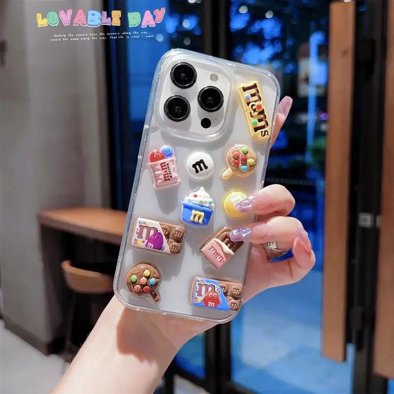 Super Cute M beans chocolate Phone Case for iPhone 16 15 14 13 12 11 Pro Max Cases Silicone Cover Transparent 3D Cartoon Funda