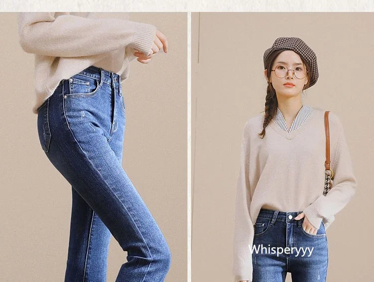 Denim Pants For Women Spring And Autumn Elastic Show Nine Points Trousers High Waist Korea Fashion Flared Jeans Female Casual