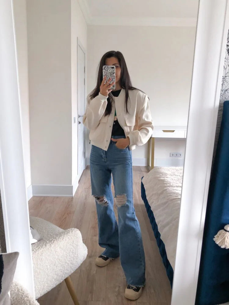 MiuKoMiYa Ripped Jeans For Women 2023 Streetwear Straight Denim Pants High Waist Long Denim Trousers Women Hollow Out Jeans