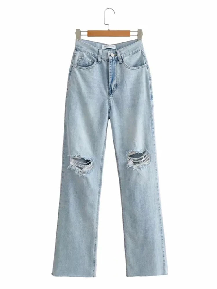 MiuKoMiYa Ripped Jeans For Women 2023 Streetwear Straight Denim Pants High Waist Long Denim Trousers Women Hollow Out Jeans