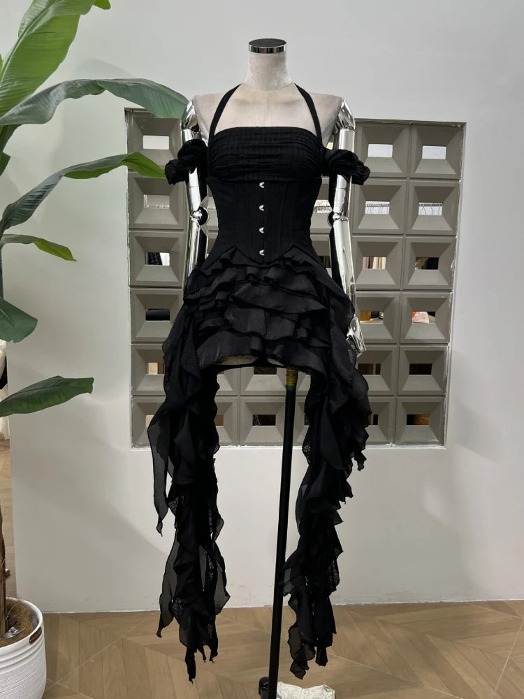 Women Ruffles Draped Dress Three Piece Sets Sexy Halter Neck Folds Ruffled Dress+Lace-up Corset Top+Shorts Suits Party Cocktail