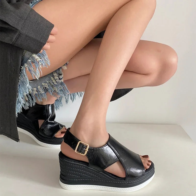 Women Shoes Fashion Peep Toe Women Wedge Sandals Summer High-heeled Fish Mouth Shoes Soft Leather Height-increasing Beach Shoes