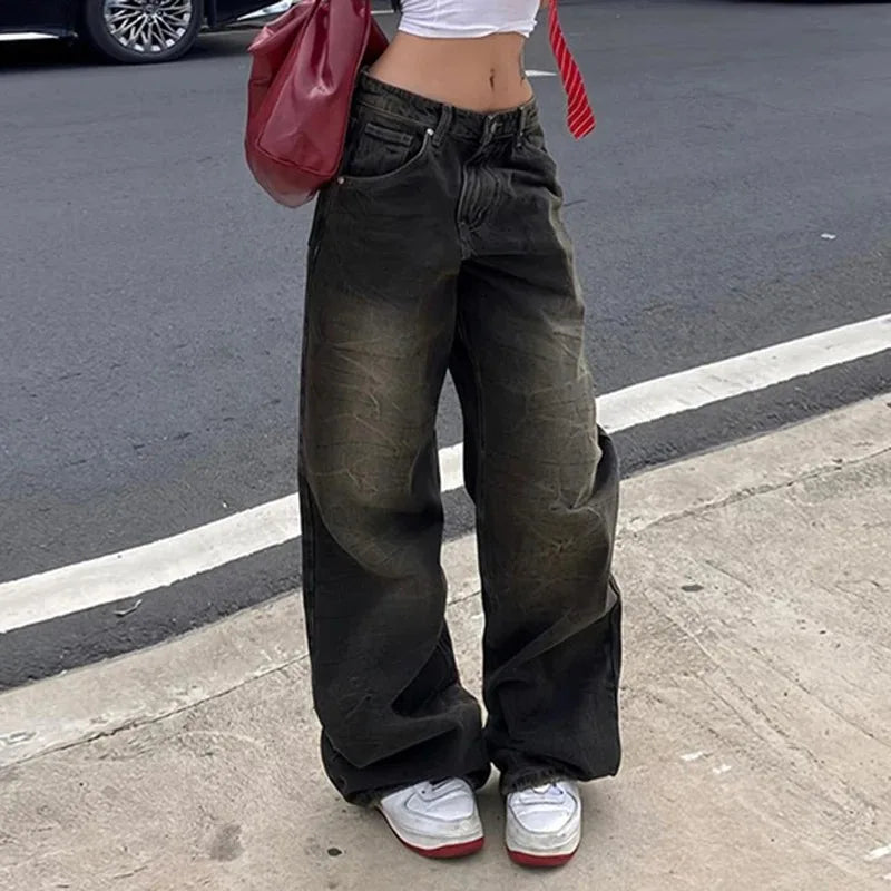 Low Waist Jeans for Women Goth Y2k Style Baggy Jeans Punk New Jeans Wide Leg Denim Pants Kpop Casual Loose Streetwear