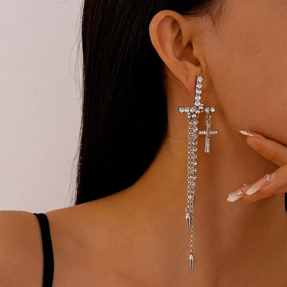 Inlaid Rhinestones Cross Earrings Exquisite Fashion Long Tassels Dangle Earrings Exaggerate Temperament Ear Stud Girls