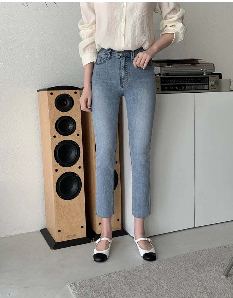 Light Blue Jeans Women Straight Leg Elastic Chic Boyfriend Pants Denim Streetwear Women Ladies Cargo Pants New Fashion 2023