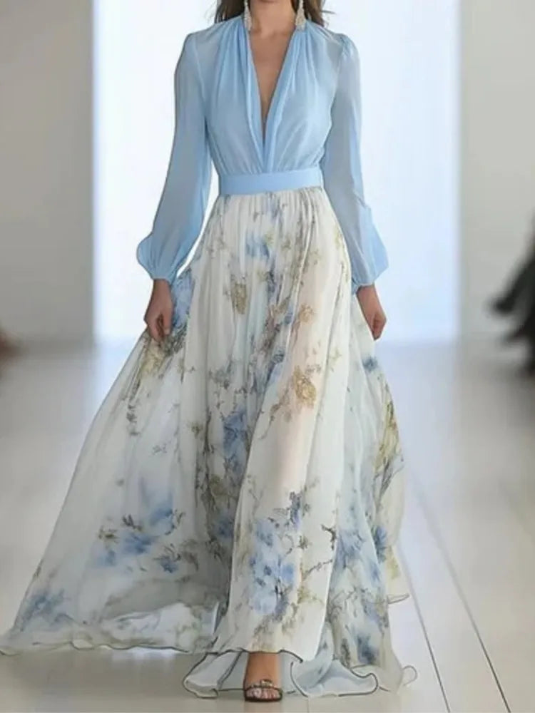 Women Elegant Print Dress Fashion Long Sleeve Deep V Neck High Waist Loose Dresses Robe Femme Holiday Party Womens Clothing New