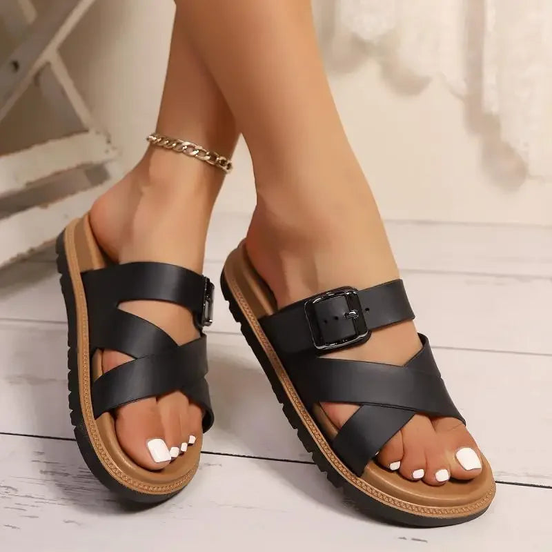 Shoes for Women 2025 Trendy Summer Women's Slippers Sexy Open Toe Broadband Slip-on Thick-soled Shoes Casual Flat Slippers