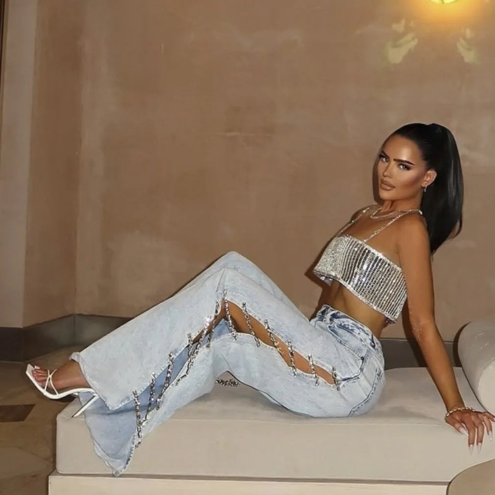 High Waist Ripped Jeans for Women Summer Thin Side Slit Pants Women Denim Long Jeans with Drill Chains Straight Wide-leg Jeans