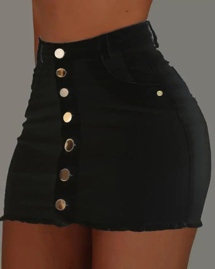 Sexy Skirt for Woman Spring Summer 2023 Plain Button Fly Raw Hem Mini Skinny Female Denim Skirt