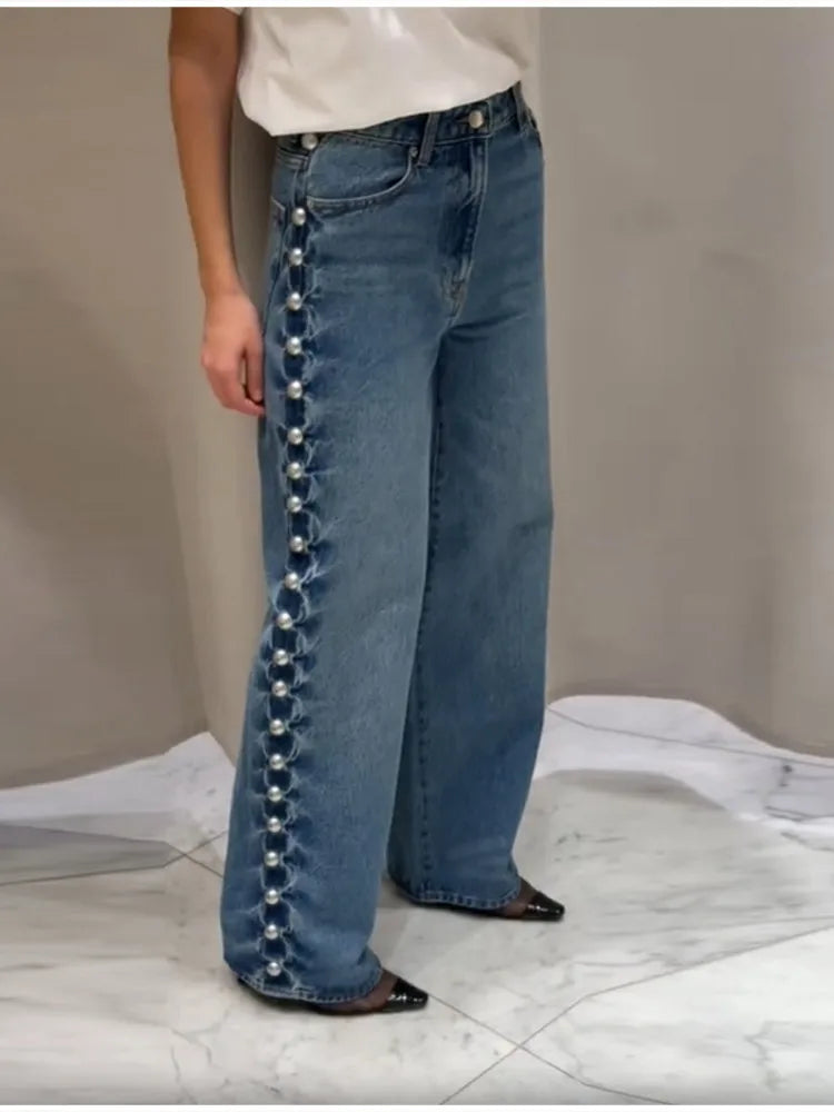 Women's Fashion Punk Washing Denim Pant Vintage Metal Straight Wide Leg Long Jeans 2025 New Lady Y2k Fashion Denim Trousers