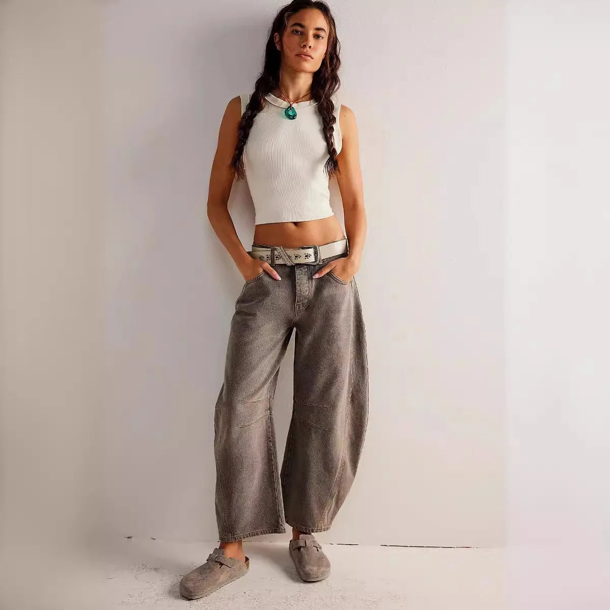 Cotton Denim Long Jeans For Women Trousers Casual High Waisted Jeans Cropped Pants For Spring Summer Boho Beach Baggy Jeans