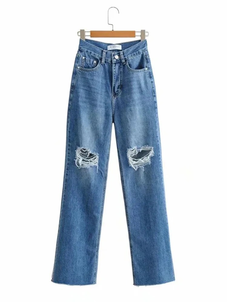 MiuKoMiYa Ripped Jeans For Women 2023 Streetwear Straight Denim Pants High Waist Long Denim Trousers Women Hollow Out Jeans