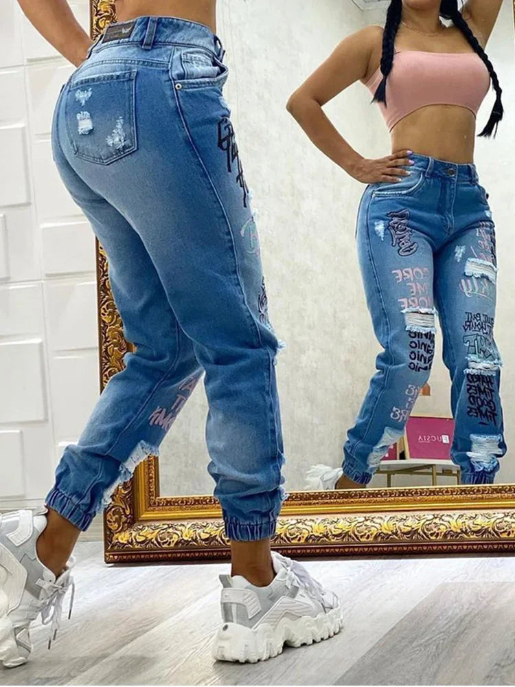 Jeans Women Fashion Stylish Monogrammed Slashed Marabou Chino Jeans Casual Length Trousers Plus Size Pants For Female 2025