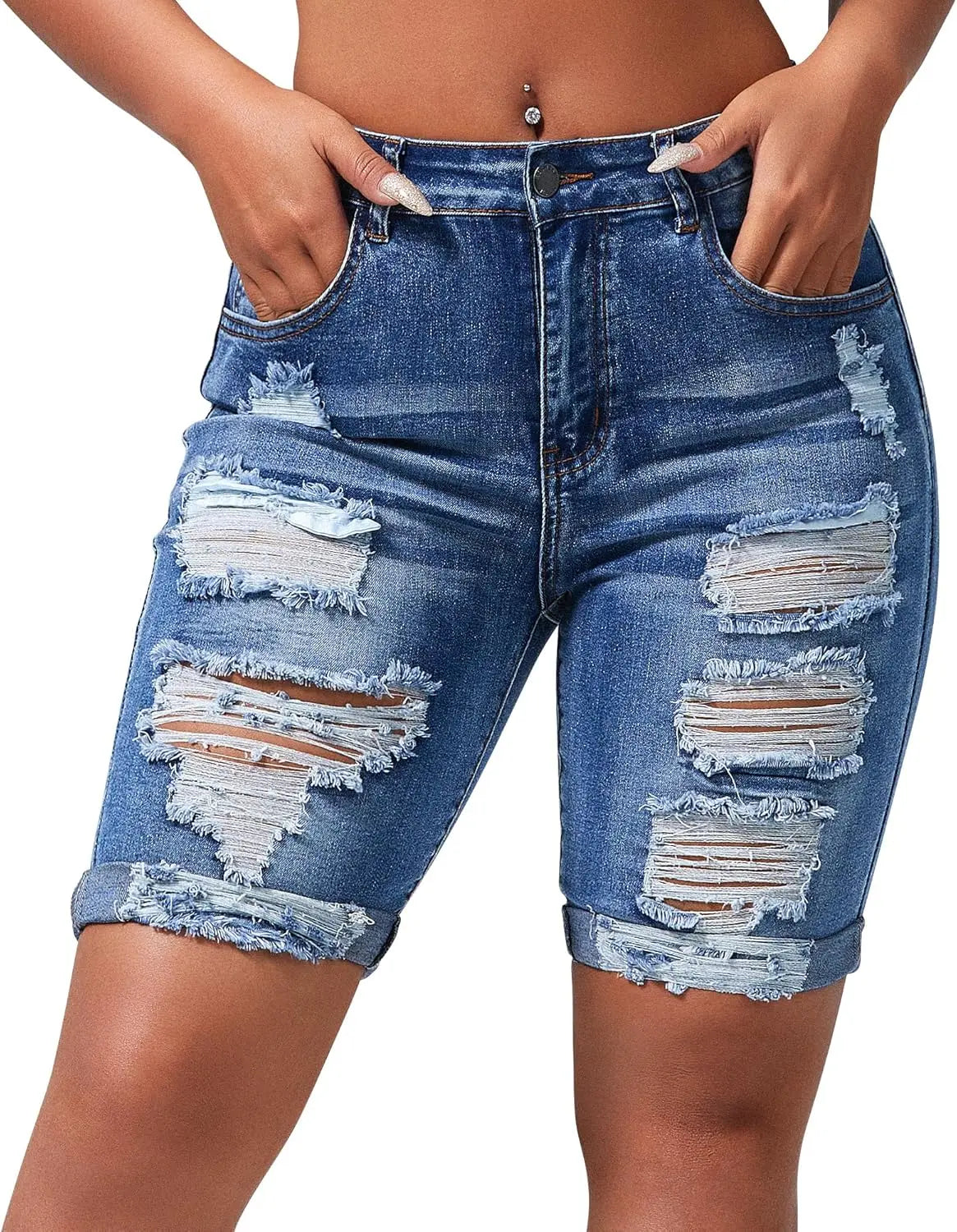 Retro Ripped Jeans Sexy Women Mid Rise Pants Hip Hugging Tight Bermuda Shorts Y2k Hip Hop Trousers Street Fashion Pant