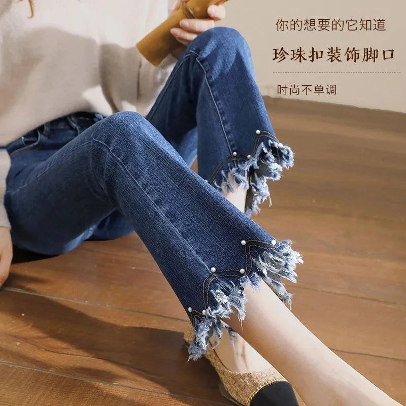 Denim Pants For Women Spring And Autumn Elastic Show Nine Points Trousers High Waist Korea Fashion Flared Jeans Female Casual