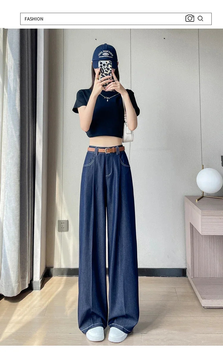 Women's Casual Basic Style Tencel Soft Ice Silk High Waisted Straight Jeans Female Commute Wide-Leg Light Blue Jeans