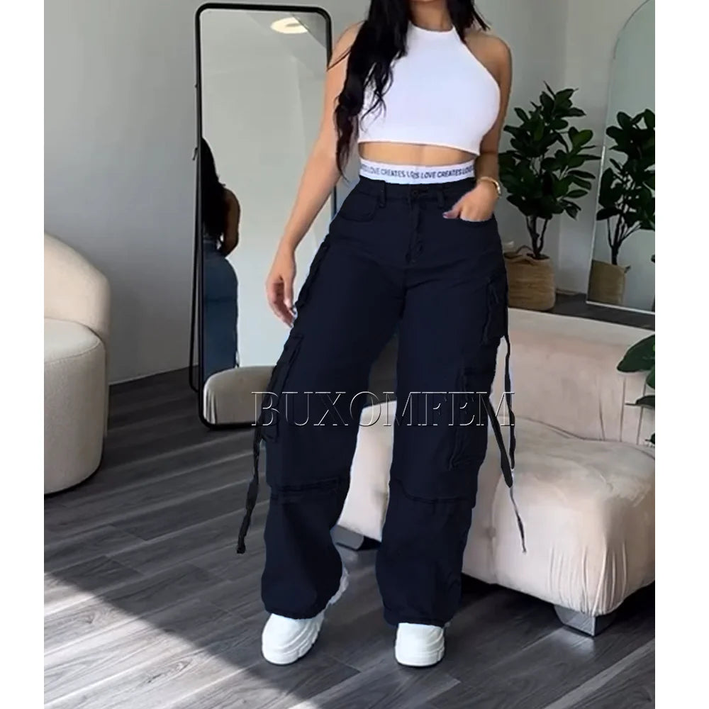 Women's Multi-Pocket Jeans, Retro Splicing, Drawstring, Cool Girl Trousers, Loose Casual Streetwear, New Bottoms, Fashion