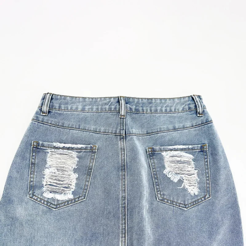 Hole Denim Midi Skirt Women 2024 Spring Summer High Waist Streetwear Sexy Buttocks One Step Skirts Bodycon Vintage Jean Skirts