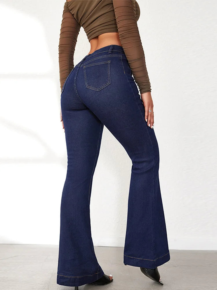 Elegant Single Breasted Women's Denim Flare Pants Retro High Waist High Package Slim Commute Jeans 2025 New Chic Ladies Trousers