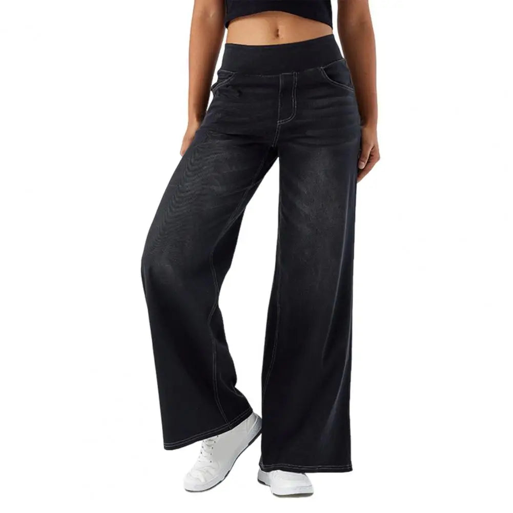 2025 Women Jeans With Pockets Elastic High Waist Solid Color Full Length Pants Straight Wide Leg Pants Baggy Denim Trousers