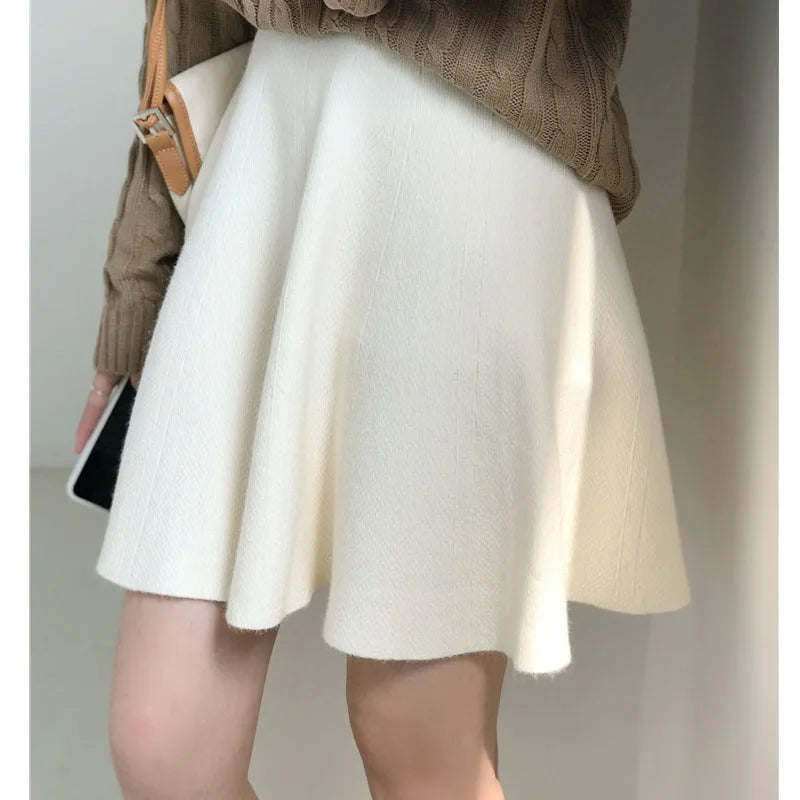 Knitted Mini Skirts Women High Waist Pleated Skirt Autumn Winter Streetwear Solid All Match A Line Skirts