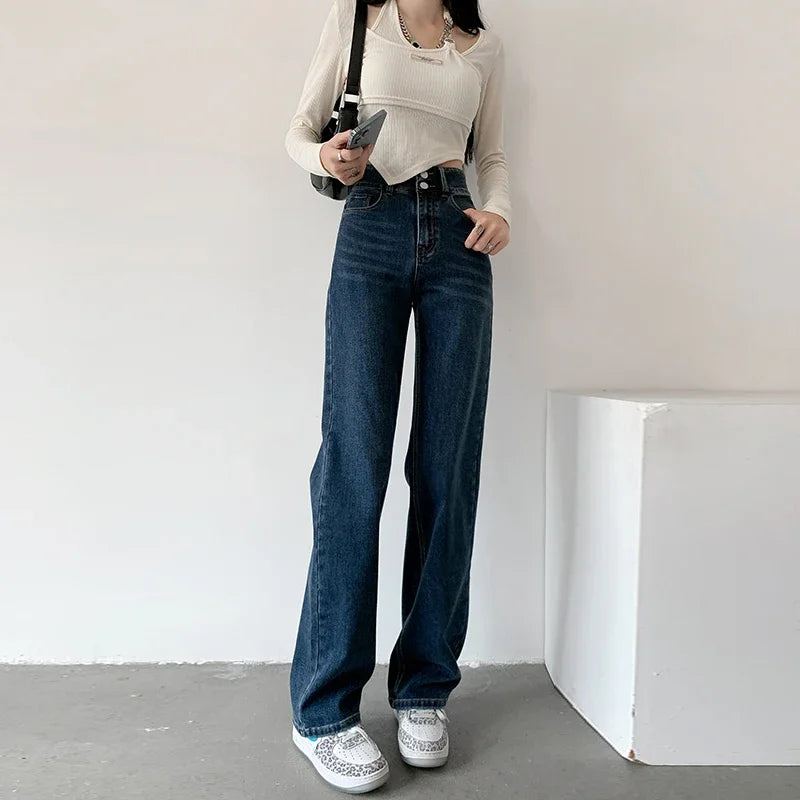 Women's Jeans Autumn High Waist Loose Straight Denim Pants Black Blue Fashion Korean Street Stretch Soft Comfortable Trousers
