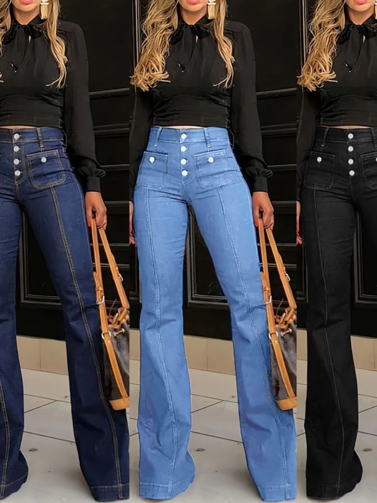 Women Fashion Vintage Washing Denim Long Pant Wide Leg High Waist Jeans 2025 New Lady Summer Commuter Y2k Denim Trousers