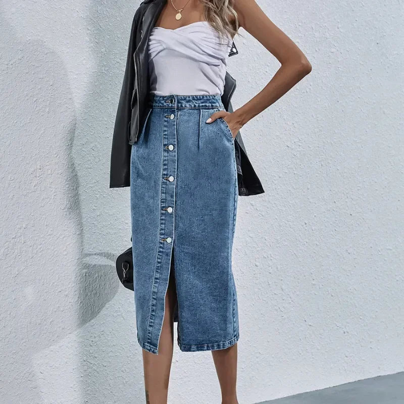 Women Streetwear Casual Pocket High Waist Straight Jean Skirts New Single Breasted Knee All-match Length Denim Skirt Female