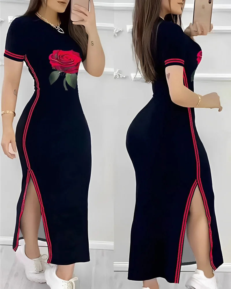 Womens Dresses Spring Fashion Striped High Slit Casual 0-Neck Short Sleeve Daily Skinny Maxi A-Line Dress Woman Clothing