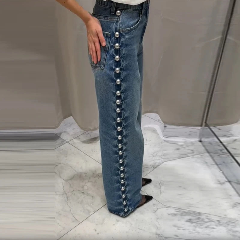 Women's Fashion Punk Washing Denim Pant Vintage Metal Straight Wide Leg Long Jeans 2025 New Lady Y2k Fashion Denim Trousers